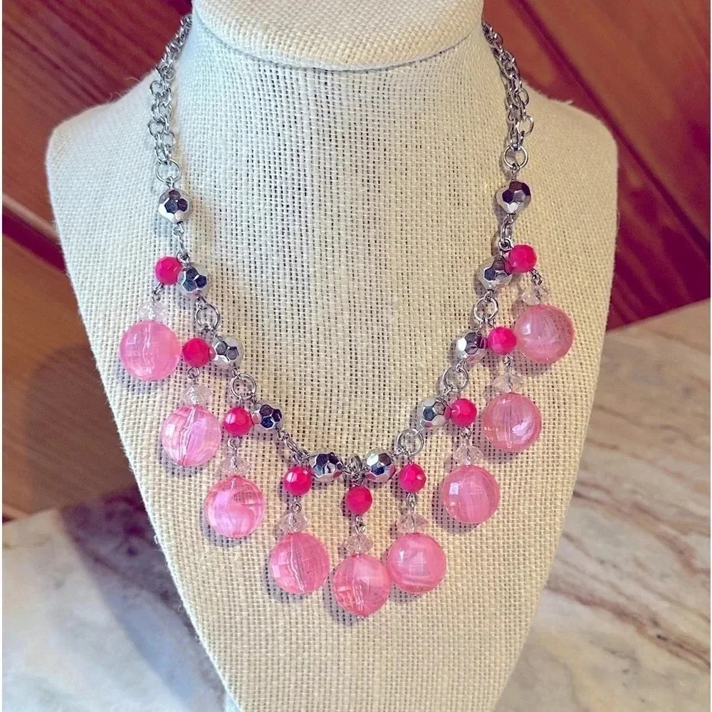 Bright Pink Silver Beaded Statement Necklace Park… - image 1